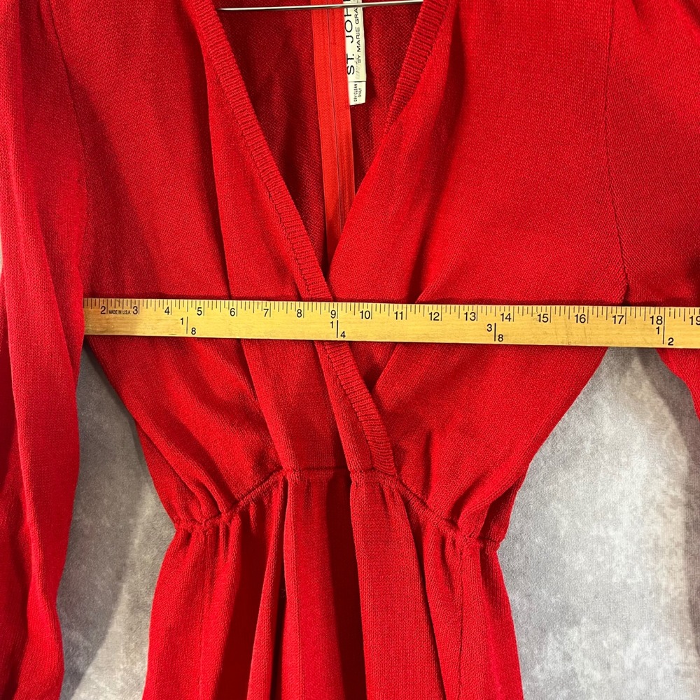 St. John Knit Dress Women 12 Red V-Neck Embellished Cuff Vintage Marie Gray - Picture 7 of 9